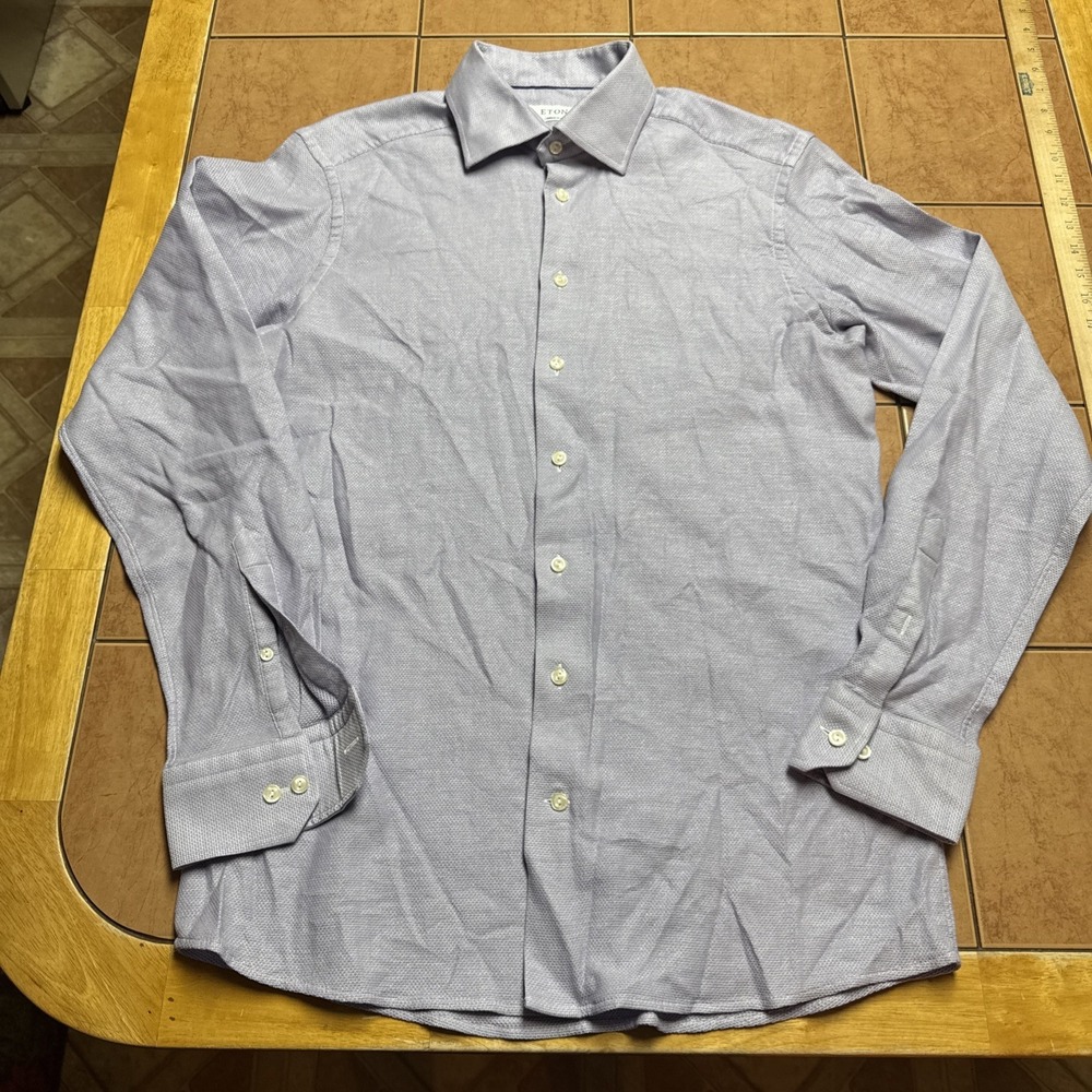 Eton Button Front Shirt Mens Sz  17 43 Slim Purple Contemporary Fit Dress Poplin